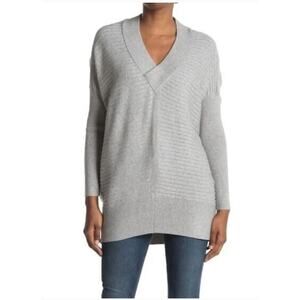 Stitchdrop Women's Rib Crossover V-Neck Sweater in Light Heather Grey Medium $55